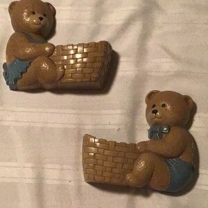 Vintage mid century pair of brown girl/boy bears wall hanging planter vases used